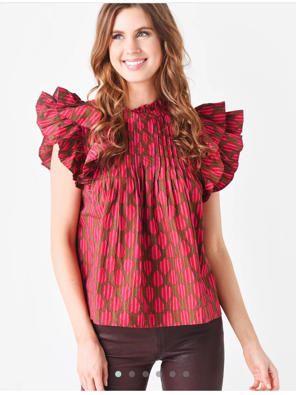 Oliphant Pink and Green Ruffled Sleeve Blouse